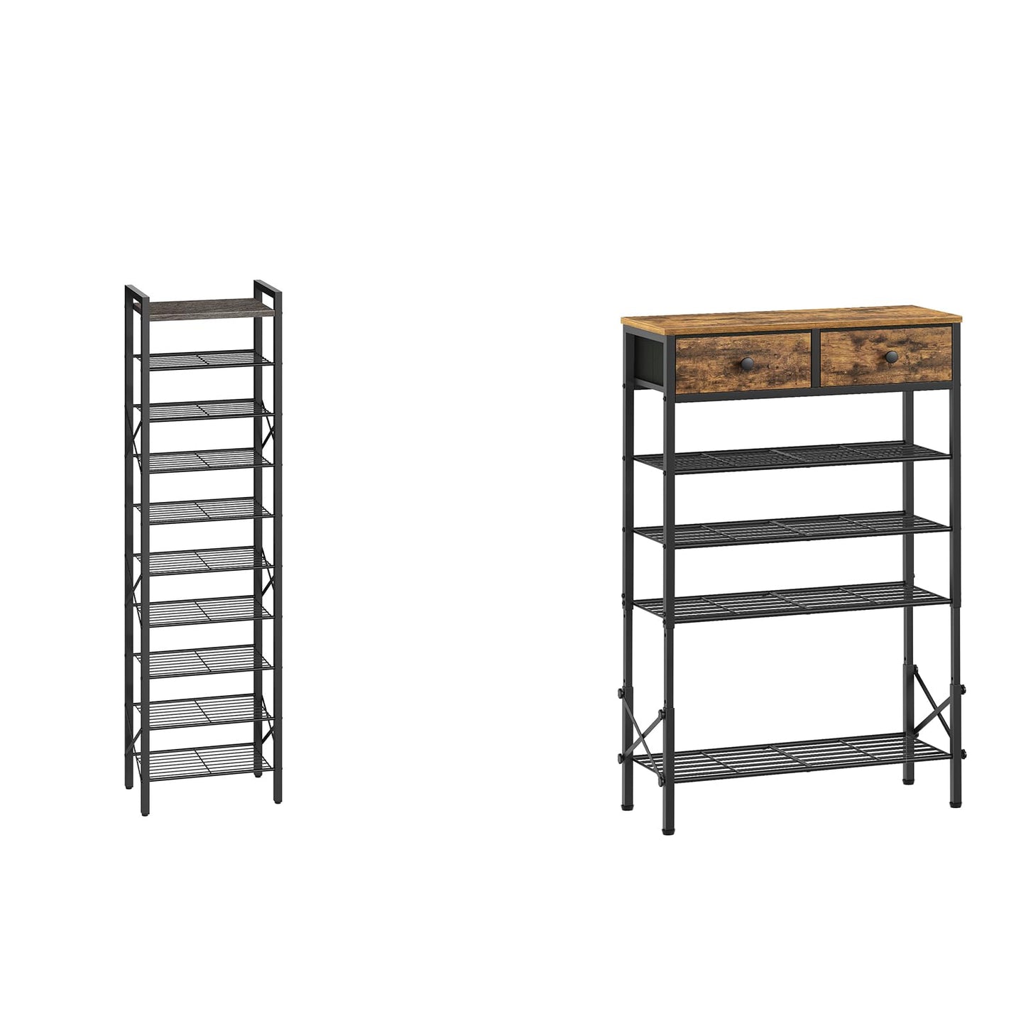 YATINEY 10-Tier Narrow Shoe Rack, Tall Shoe Rack for 10-20 Pairs, Shoe Storage Shelf with 2 Non-Woven Drawers, SS68BC-SS11BR