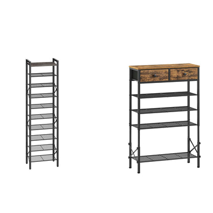 YATINEY 10-Tier Narrow Shoe Rack, Tall Shoe Rack for 10-20 Pairs, Shoe Storage Shelf with 2 Non-Woven Drawers, SS68BC-SS11BR