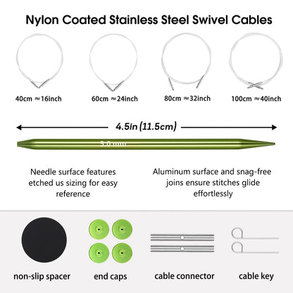 Interchangeable Circular Knitting Needles Set,10-Pair 4.5-Inch Metal Circular Needles US1,1.5,2,2.5,3,4,5,6,7,8 (Metric:2.2,2.5,2.75,3.0,3.25,3.5,3.75,4.0,4.5,5.0mm) with 4 Cords with Project Bag