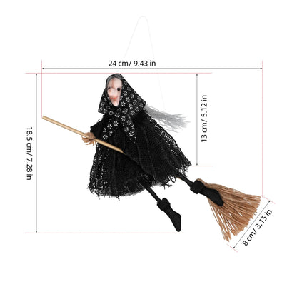DIYEAH Halloween Witch Doll Decor with Broomstick for Indoor Outdoor Party Decoration, 9.44 Inch Grey Hanging Witch Figurine with Red Accents