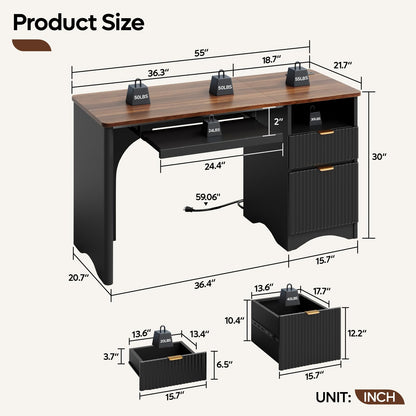 Bestier Computer Desk with Keyboard Tray, 55 inch Office Desk with Power Outlet, Modern Home Office Desk with File Drawer (Walnut with Black, 55" W with Single-Sided Drawers)