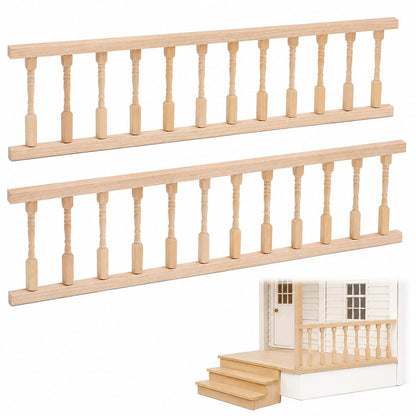 Garneck 2PCS Dollhouse Railing Kit: 1:12 Scale Unfinished Wooden Handrail Miniature Porch Railing for Balcony Tiny Stair Fence Accessories DIY Fairy Doll House Furniture Decoration