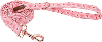 Valentine Dog Collar & Leash Set, Plaid Heart Wedding Design, Sturdy Cotton for Small to Large Dogs