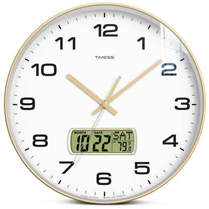TIMESS Wall Clock, 12" Dial Non-Ticking Silent Battery Operated Analog with LCD Display for Perpetual Calendar and F° Temperature, Ideal Modern Home, Bedroom, Kitchen, Office Decor (Gold)