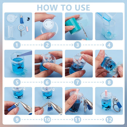 OLYCRAFT 218pcs Mini Cup Keychain Kit NO-Glue Bubble Tea Keychain Accessories Set Bubble Tea Keychains Kit Mini Cup Pendants with Rings Tassels Bubbles Straws for Key Chain DIY Earring Making