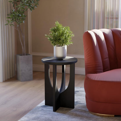 Stupa Solid Wood End Table – 22" Tall Round Side Table for Living Room or Bedroom, Handcrafted Accent Table in Distressed Black Finish, Easy Assembly, Modern Minimalist Design for Small Spaces