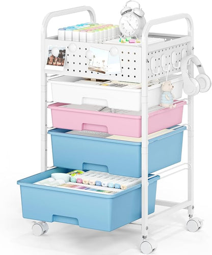 4 Drawer Rolling Storage Cart with Pegboard Top and Hooks, Mobile Organizer Cart with Wheels for Office Supplies, Craft Storage, Classroom Organization, Home Utility Cart, Pink&Blue