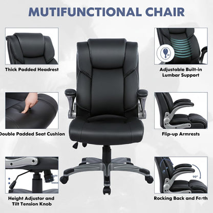 COLAMY Ergonomic Executive Office Chair with Lumbar Support, Flip-Up Arms, Bonded Leather High Back Desk Chair for Home Office & Workstation, Computer Chair for Adults Men Women, Black
