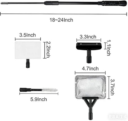 Carefree Fish 4IN1 Aquarium Cleaning Tools Long Handle Adjustable Length 18~24Inch Fish Tank Cleaner Kit Algae Scraper Scrubber Brushes Set