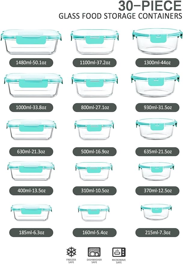 30 Pieces Glass Food Storage Containers