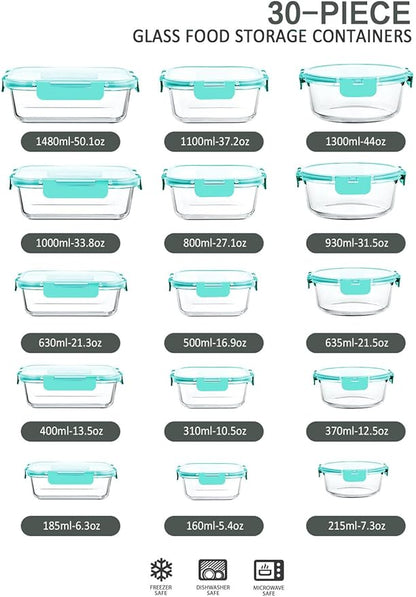 30 Pieces Glass Food Storage Containers