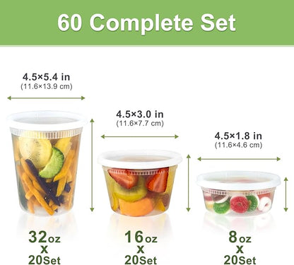 60 Sets Deli Containers with Lids, 32/16/8 oz X 20 Set Each, Leak-Proof & BPA