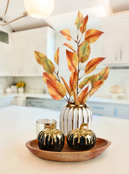 Hollyone Fall Pumpkin Decor 2 PCS Black and Gold Resin Pumpkin Fake Pumpkins for Decorating Figurines Artificial Pumpkins Centerpiece Rustic Farmhouse Halloween Table Fall Decorations for Home