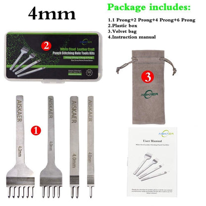 Aiskaer Leather Stitching Punch Set, Diamond Chisel Tools, 4mm White Steel 1/2/4/6 Prong for Leather Craft DIY