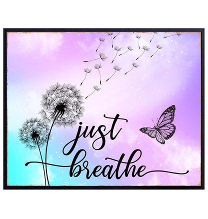 Just Breathe Wall Art - positive Quotes Purple Office Wall Decor for Women - Farmhouse Bedroom Inspirational Wall Decor - Motivational Shabby Chic Art - Zen Spa Wall Art, Butterfly Print