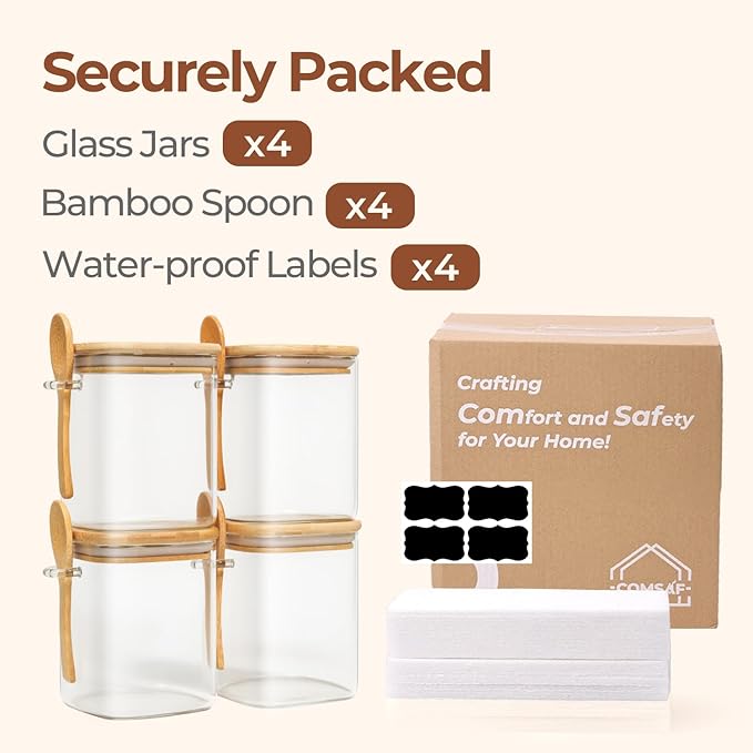ComSaf 0.8 Qt Glass Jars with Bamboo Lids & Spoons Set of 4, Square Glass