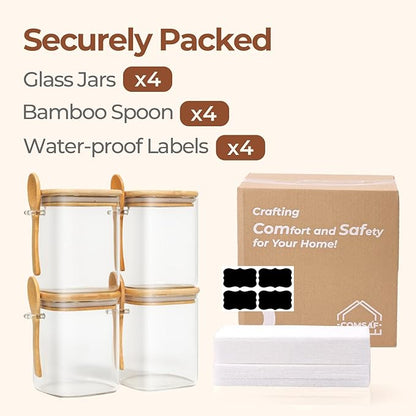 ComSaf 0.8 Qt Glass Jars with Bamboo Lids & Spoons Set of 4, Square Glass