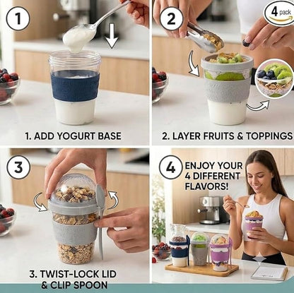 Salda 4 Pack 20 oz Breakfast On the Go Cups, Take and Go Yogurt Cup with Topping Cereal Cup with spoon, Overnight Oats or Oatmeal Container Jar, Colorful Set of 4