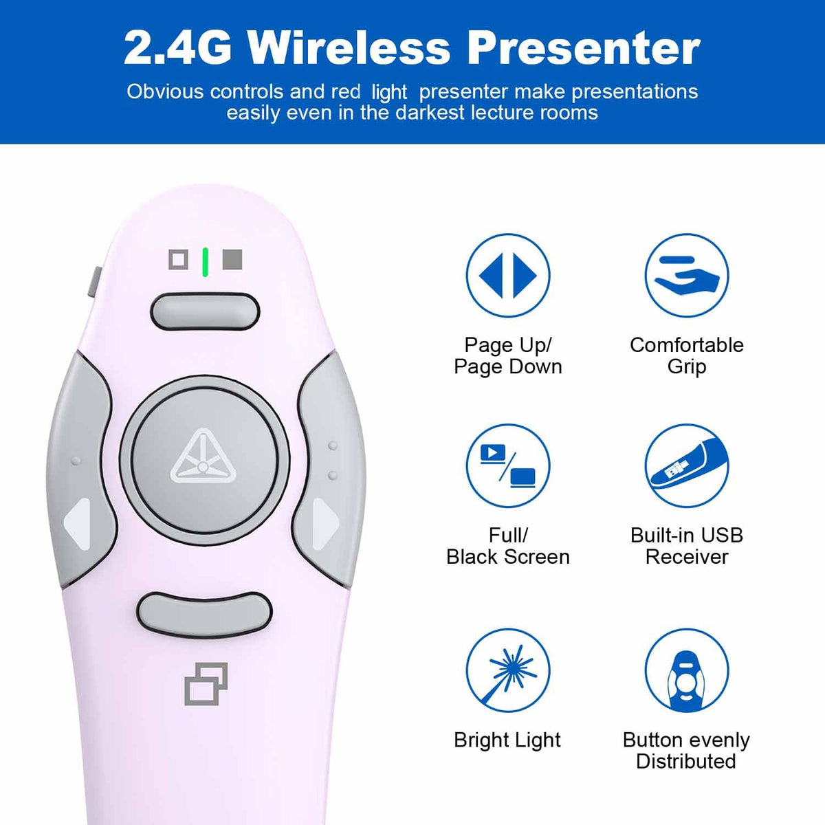 QUI 2 Pack Wireless Presenter PowerPoint Clicker, RF 2.4GHz USB Presentation Clicker for Google Slides, Keynote, Mac, Windows (USB, Purple)