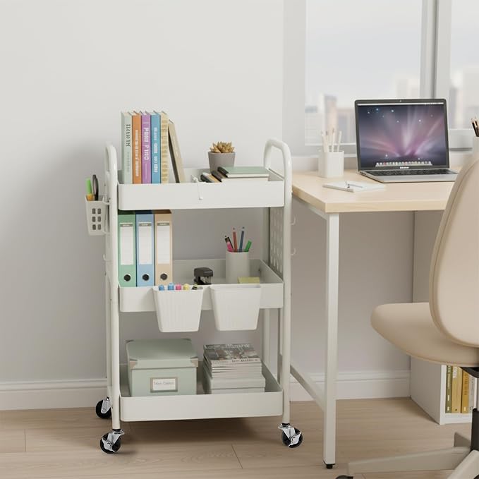 danpinera 3 Tier Rolling Cart with Retractable Dividers, Multi-Functional White Rolling Utility Cart with Pegboards, Hooks & Hanging Cups for Nursery, Living Room, Studio