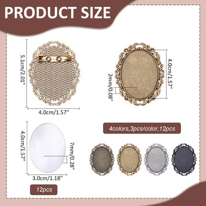CRAFTYMELODY 12 Sets Brooch Cabochon Making Kit 4 Styles Vintage Oval Brooch Blank Bezel Oval Brooches Pins Trays with Clear Glass Cabochons for Bridal Wedding Graduation Jewelry Making DIY Craft