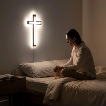 MoSavris Crucifix Wall Cross, Handmade Wood Cross with LED Light, Wall Decor for Faith and Blessing, Christian Gifts, 13 Inch