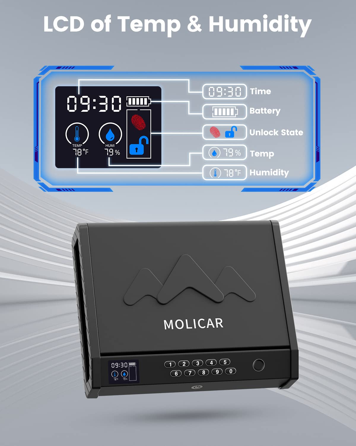MOLICAR Gun Safe, Biometric Gun Safes for Handgun with LCD of Temp Humidity Battery, USB-C Port, Fingerprint Quick Access Pistol Safe for Home Bedside Nightstand Car