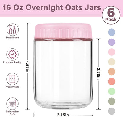 Overnight Oats Containers with Lids, 16oz Wide Mouth Mason Jars with Lids, 6 Pack Glass Jars with Airtight lid for Chia Pudding Yogurt Salad, Meal Prer Oatmeal Jars, Pink