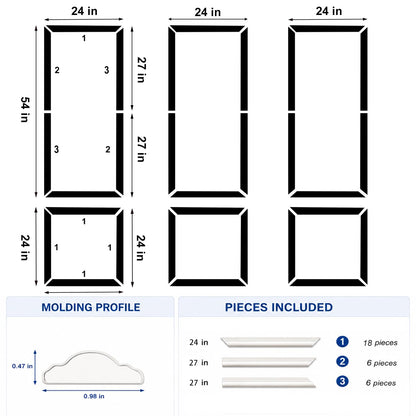 Peel and Stick Wall Molding Kit,6 Sets Pre-Cut Wainscoting Panels for Interior Wall Moulding Decor,Pre Made Wainscoting Wall Panel for Home Decoration Accent Wall (24x54in)