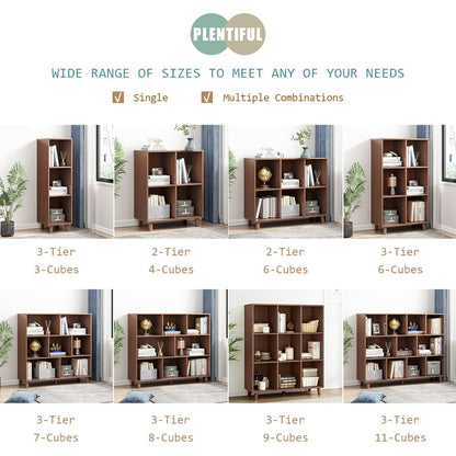 IOTXY Freestanding Open Cubes Bookcase - 2-Tier Floor Standing Wooden Storage Display Cabinet Organizer with Legs for Home Office, 4-Cubes Open Shelf Low Short Bookshelf, Walnut