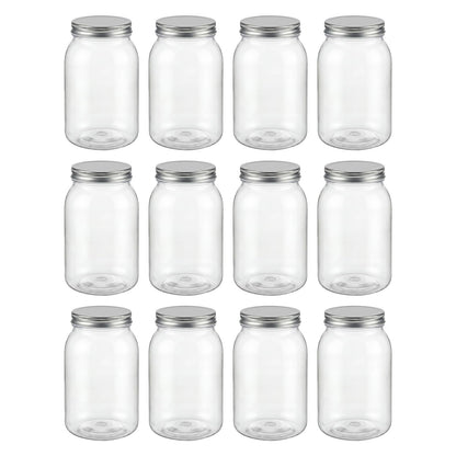 novelinks 32 oz Mason Jars with Plastic Lids, 12 Pack Large Plastic Salad Jars with Lids 32oz, Reusable Spice Containers & Kitchen Jars for Pantry Organization (12 Pack,Silver)