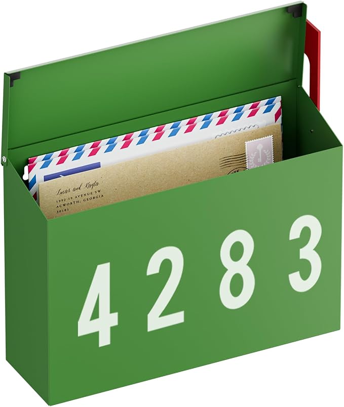 LAND·VOI Wall-Mount Mailbox with One Flag Kit and Three Sets of 0-9 Mailbox Number Stickers, Mailboxes for Outside, Galvanized Steel Rust-Proof Metal Post Box, 4.33" Dx14.2 Wx10.43 H, Green