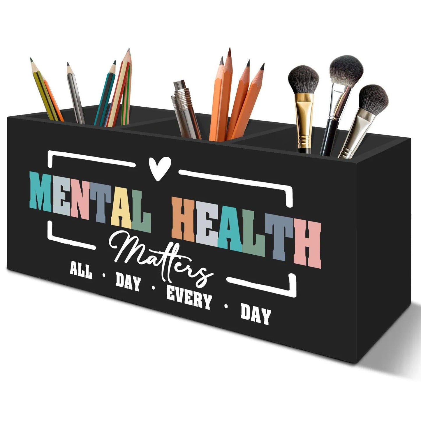 LIANGEAGOM Mental Health Matters Pen Pencil Holder Organizer for Desk Accessories, Therapy Office Decor, Motivational Wooden Box Signs Decorations for Therapist Counseling Office Desk Tabletop