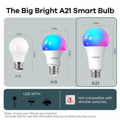 Linkind Matter Smart Light Bulb, WiFi Smart Bulbs, Work with Apple Home, Siri, Alexa, Google, SmartThings, RGBTW Color Changing Bulbs Mood Lighting, Music Sync, A19 E26 60W, 2.4Ghz WiFi 6 Pack