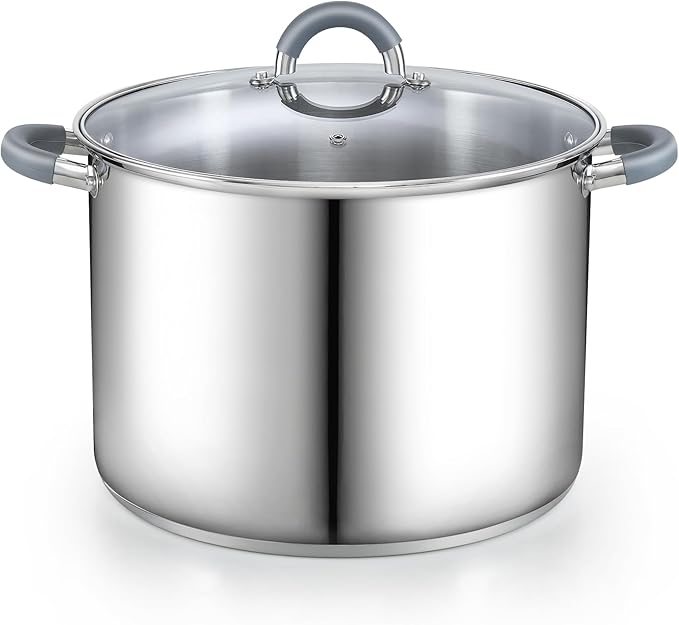 Cook N Home Basics 16 Quart Stainless Steel Stock Pot with Lid, Cooking Pot for Pasta, Soup, Stay-Cool Silicone Handle, Stockpot with Even Heating, Oven Safe, Cookware for Canning, Boiling, Simmer