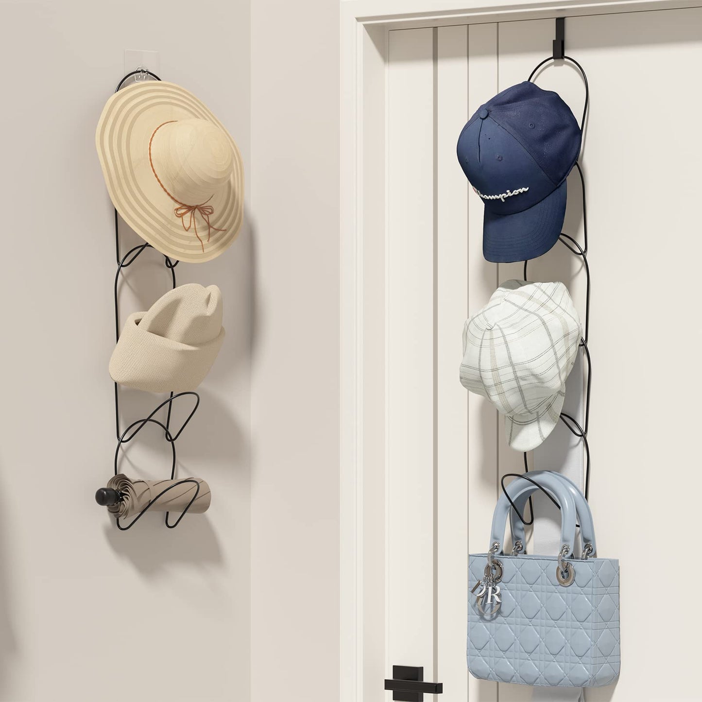 LINFIDITE 15 Pack Hat Rack Hanger Holder Organizer Closet Hanging Baseball Cap Display Storage Rack for Scarves Handbags Towels Clothes Ties Over Door Wall Mounted w Hanging Hook Black