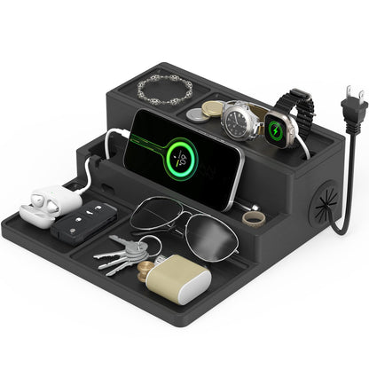 Valet Tray, Nightstand Organizer with Charging Station, Assembly-Free 3 Layer Wood Valet Tray for Men, Phone Docking Station with USB Ports for Watch, Jewelry & Accessories, Nice Gift (Classic Black)