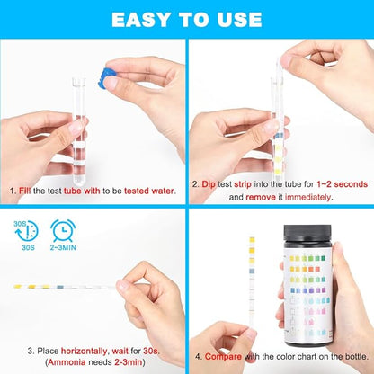 DaToo 8 in 1 Aquarium Test Kit Fish Tank Test Strips Accurate Water Quality Testing Strips for Ammonia PH Total Alkalinity Carbonate Hardness Free Chlorine Nitrate Nitrite Temperature (50 Strips)