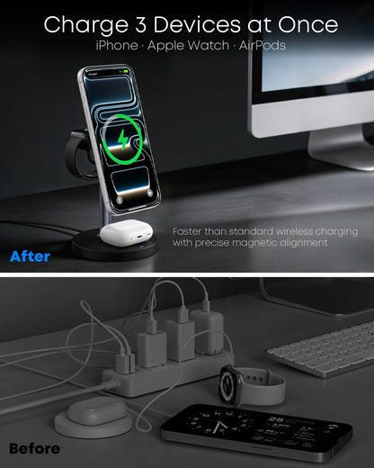 3 in 1 Magnetic Wireless Charging Station, 15W Fast Charger Stand for iPhone, Phone Charger Stand for Desk Nightstand, for iPhone 17/16/15/14/13/12, Apple Watch & AirPods, 18W Adapter Included -Black