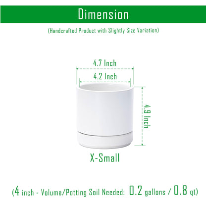 D'vine Dev Set of 4 Small Ceramic Plant Pots, 4.7 Inch Succulent Planter Pot for Plants with Drainage Hole and Saucer, White, 94-X-B-1