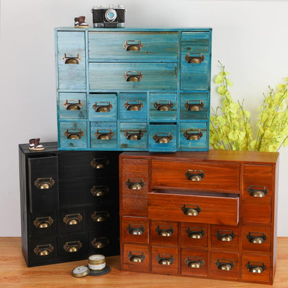 Apothecary Drawers Card Catalog Cabinet with 14 Drawers Wooden Card Catalog Wooden Storage Box for Desktop Organizer (Blue)