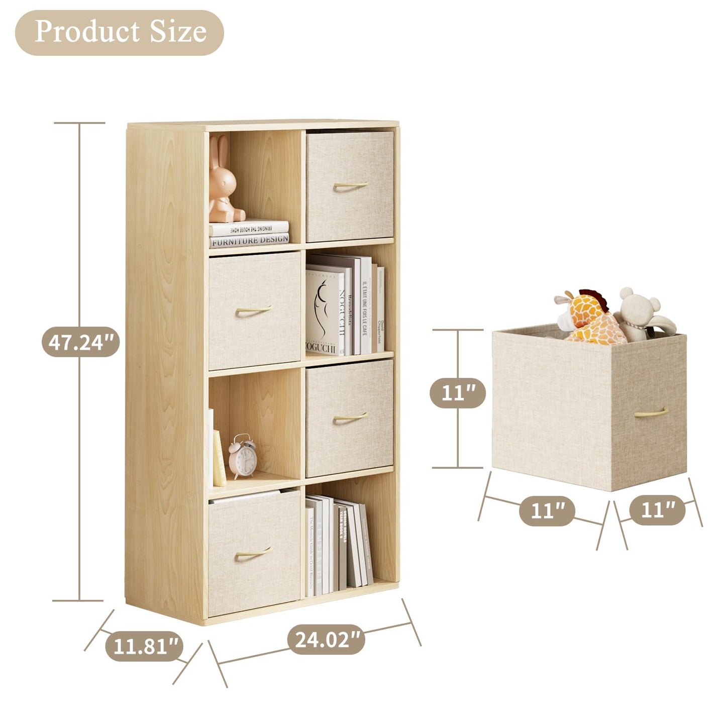 EXPERLAM 8 Cube Storage Organizer - Solid Wood Bookshelf with 4 Storage Bins, Cube Shelf with 2 Removable Back Panels, Vertical or Horizontal Bookcase, Open Book Shelf for Bedroom, Living Room, Office