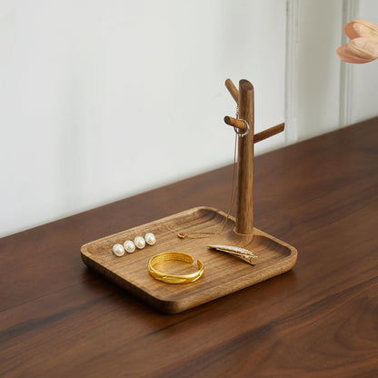THFLSTR Solid Acacia Wood Key Tray and Bowl for Entryway Table - Jewelry Tray With 3 Hooks, Open Storage for Wallet, Glasses, Watches, Lipstick (Acacia, Square)