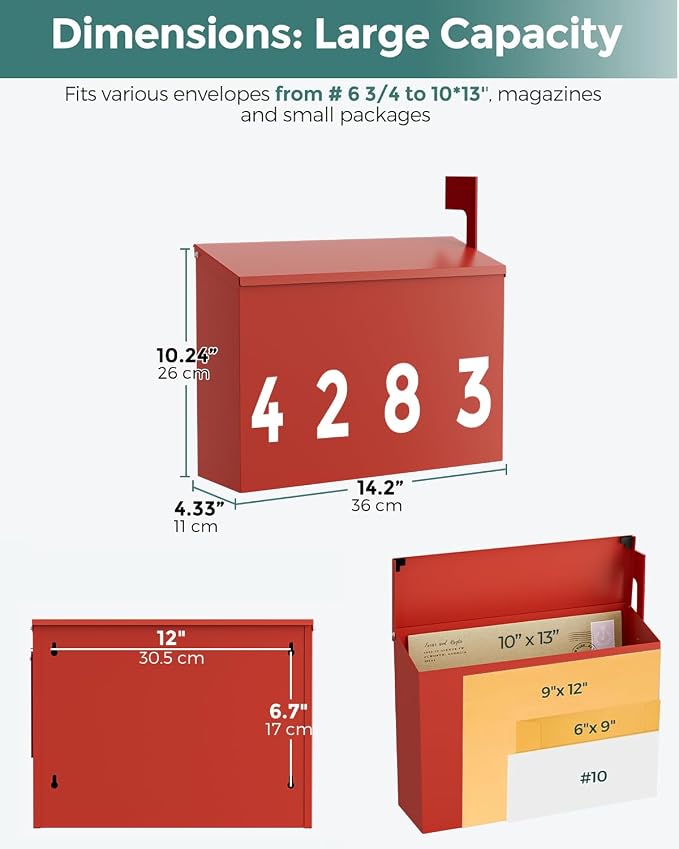 LAND·VOI Wall-Mount Mailbox with One Flag Kit and Three Sets of 0-9 Mailbox Number Stickers, Mailboxes for Outside, Galvanized Steel Rust-Proof Metal Post Box, 4.33" Dx14.2 Wx10.43 H, Red