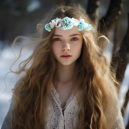 Vivivalue Boho Flower Headband Women Floral Crown Hair Wreath Flower Headpiece Halo with Ribbon Wedding Party Festival Photos Blue