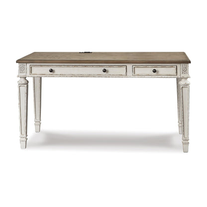 Signature Design by Ashley Realyn Farmhouse Home Office Desk, 2 Drawers, Drop-down Drawer, USB Charging, Wood, 60" W x 28" D x 31" H, Chipped White and Brown