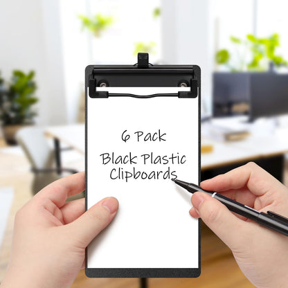 SBYURE 6 Pack Black Plastic Clipboards with Pen Holder A7 Size Small Clip Boards with Metal Clip Mini Clipboards in Bulk for Office, Restaurant,School and Laboratory