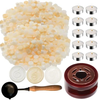 Wax Seal Kit with Warmer, ONWINPOR 300pcs Sealing Wax Beads in 3 Colors, Non-Slip Spoon, Candles for Envelopes, Stamp Letter Seal,Wedding Invitations (Pearl White Mix)