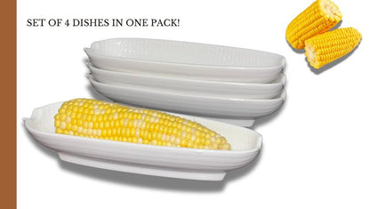 Cera Cuties Corn Dishes Set of 4, Corn Cob Holders 8.8", White Ceramic Dishes Non-slip Bottom, Microwave, Dishwasher and Oven Safe.
