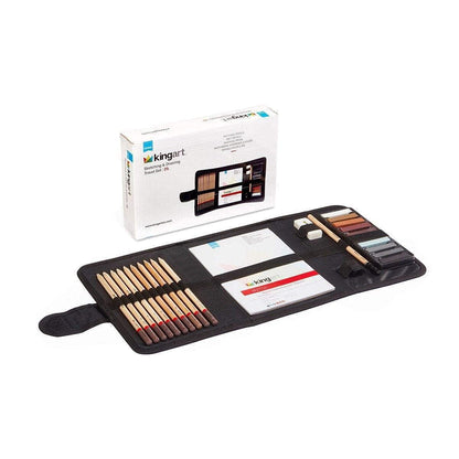 KINGART DRAWING & SKETCHING 25 pc. TRAVEL SET, Graphite, and Charcoal Pencils & Pastels plus Supplies, Art Drawing Kit for Adults, Teens, Beginner to Pro, Ideal for Shading, Blending, 25 pc.